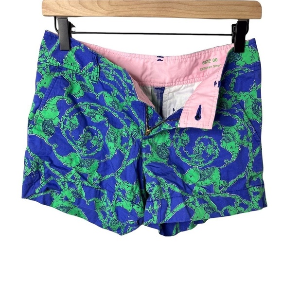Lilly Pulitzer Callahan Shorts Loopy Elephants Blue Green Size 00 Beach Twill - Picture 5 of 9